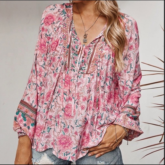 Pink Boho Festival Flowy Floral Blouse - Picture 2 of 8